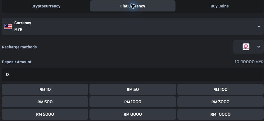 Privacy-cropped 1XROLL MYR fiat deposit options showing the displayed amount range
