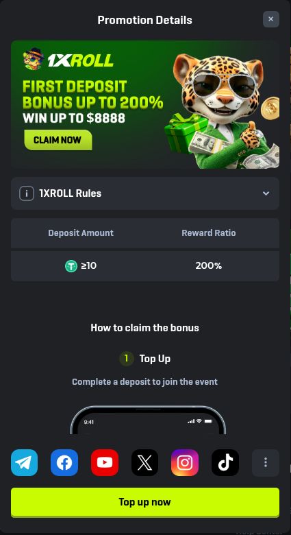 Privacy-cropped 1XROLL first-deposit promotion terms showing a 200 percent reward ratio
